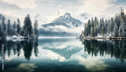 reflation of pine trees in lake eibsee in winter © shahzaib