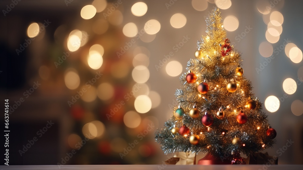 Christmas tree close up with glowing lights, Christmas light shine particles bokeh. Holiday concept. Copy space Christmas tree close up with glowing lights, Christmas light shine particles bokeh. Holiday concept. Copy space