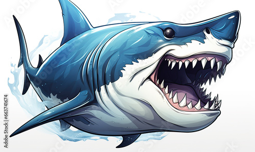 Color image of a shark close up on a white background.