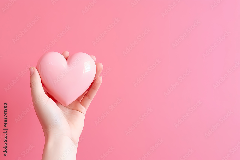 hand holds a heart love shape on a pink background with copy space hand holds a heart love shape on a pink background with copy space