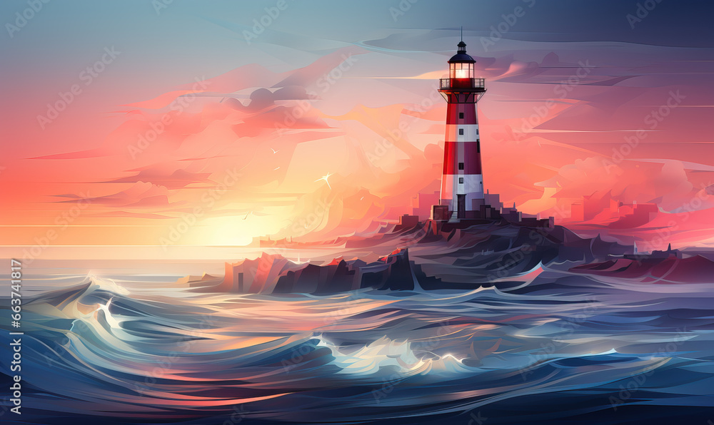 Abstract lighthouse in a colorful sea of colors.