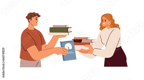 Book crossing, exchange, swap concept. People sharing, giving and getting literature to read. Readers friends, bookworms and bookcrossing. Flat vector illustration isolated on white background