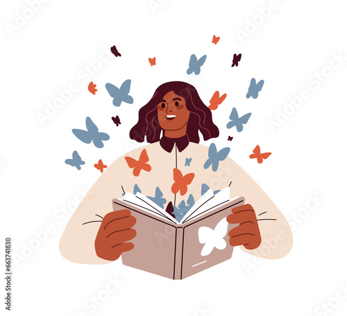 Happy black woman reading fiction book. Vivid imagination, fantasy concept. Girl reader with butterflies flying from fancy literature. Flat graphic vector illustration isolated on white background