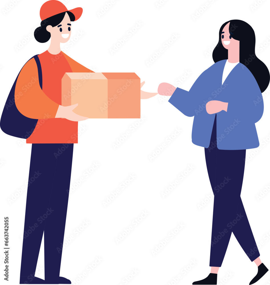 Hand Drawn a delivery man is delivering a package to a customer in flat style Hand Drawn a delivery man is delivering a package to a customer in flat style