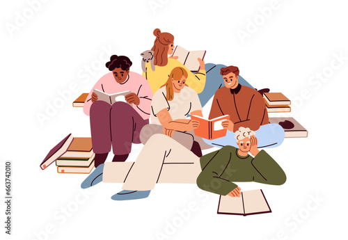 People group reading together. Book lovers, fans relaxing. Young readers, happy bookworms in literature club. Education, knowledge concept. Flat vector illustration isolated on white background photo