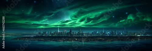 a city in the distance with the aurora light over it