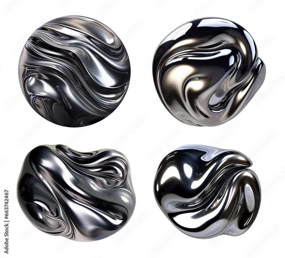 Generative melted chrome liquid metal blob shape isolated. Wavy chrome swirl shape - obrazy, fototapety, plakaty 