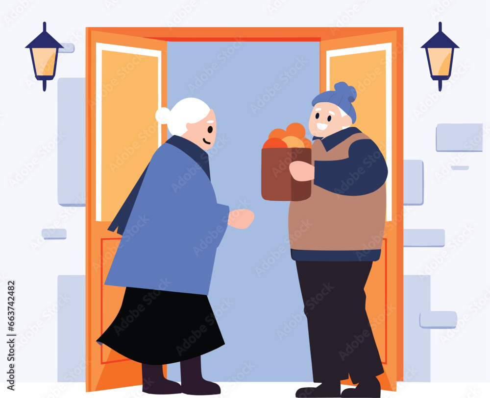 Hand Drawn Elderly people talking in front of the house in flat style Hand Drawn Elderly people talking in front of the house in flat style