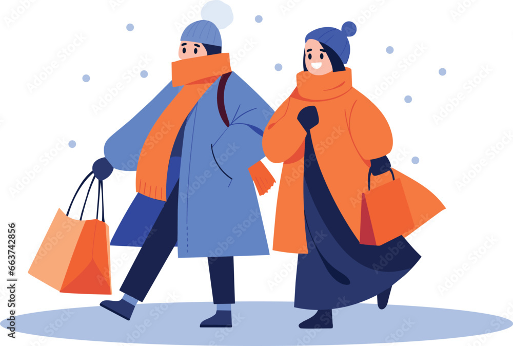 Hand Drawn couple wearing winter clothing walks on a path filled with snow in flat style