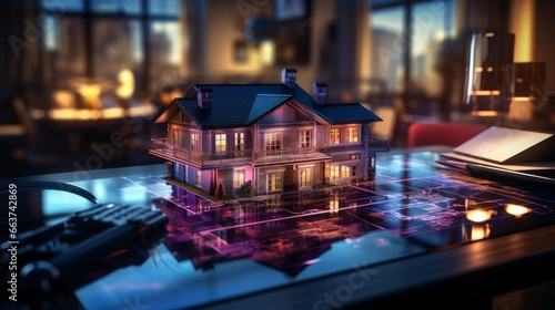 a concept holo 3d render model of a big living house on a table in a real estate agency. signing mortgage contract document. futuristic business. blurry background