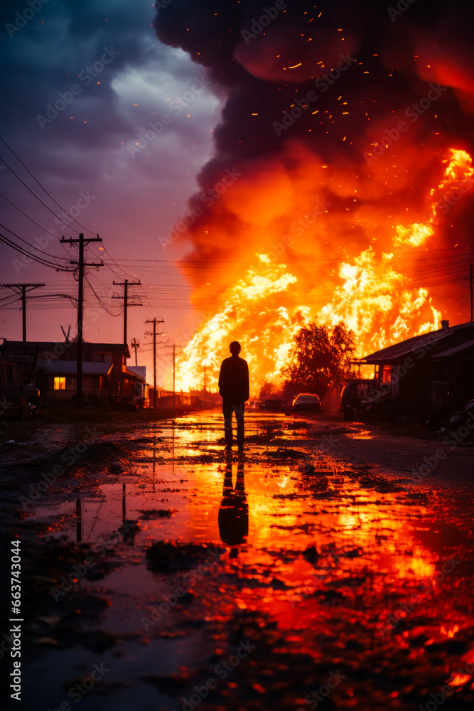 Man standing in the middle of street in front of fire.