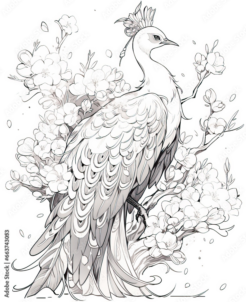 Fototapeta premium Black and white illustration for coloring birds, bird of paradise.