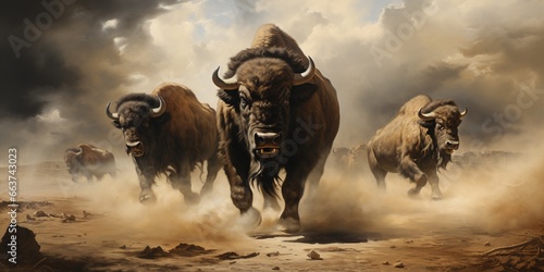 A Herd of buffalos stampedes across a barren landscape, a cloud of dust trailing behind them photo