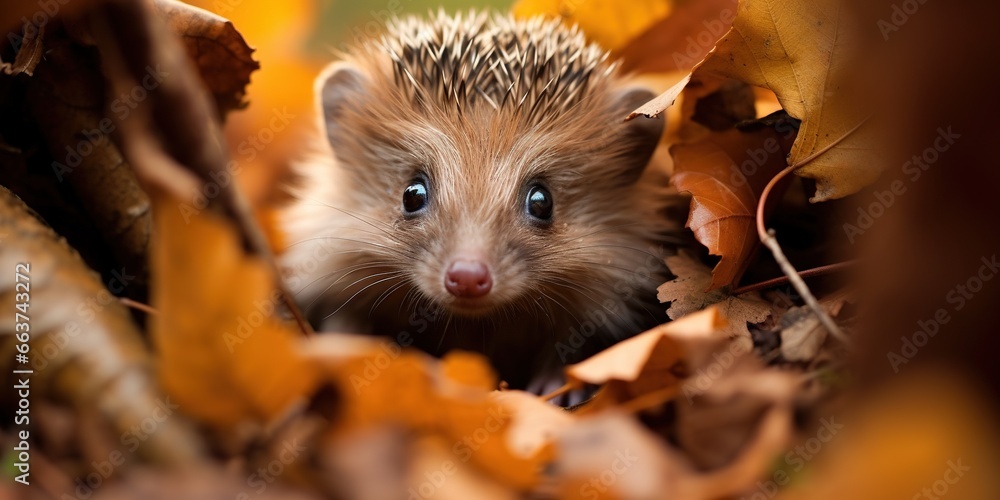 Baby hedgehog climbing and playing in the leaves Baby hedgehog climbing and playing in the leaves