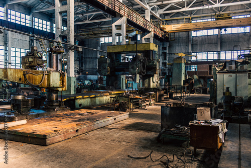 Old equipment, machines, tools in a rustic style in an abandoned mechanical factory