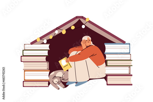Girl reader, book lover under cozy shelter. Young woman relaxing with fiction literature at leisure at home. Bookworm resting with cute cat. Flat vector illustration isolated on white background