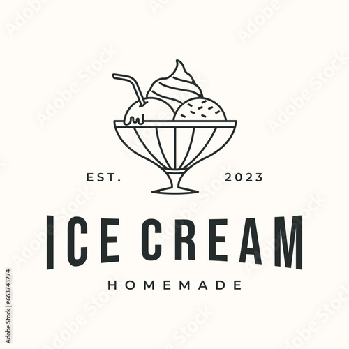 homemade ice cream line art logo vector minimalist illustration design, parfait ice cream logo design