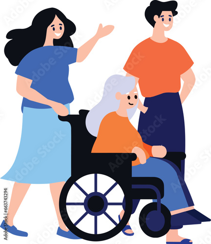 Hand Drawn Elderly person sitting in a wheelchair and child in flat style