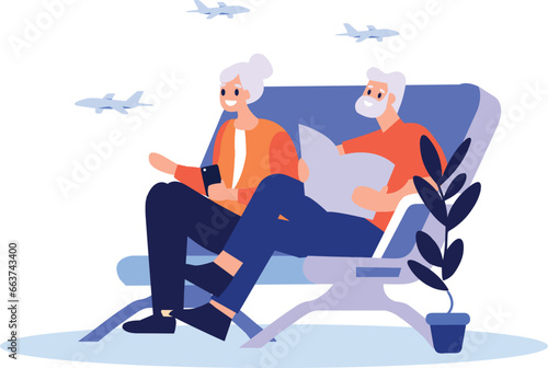 Hand Drawn Elderly couple sitting on a plane to travel in flat style