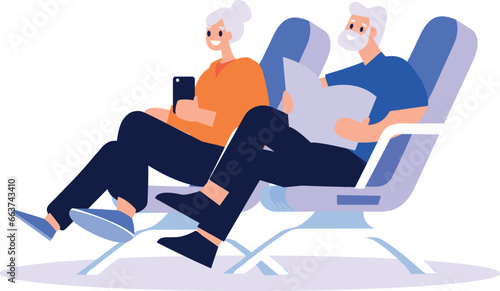 Hand Drawn Elderly couple sitting on a plane to travel in flat style