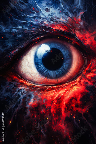 Close up of eye with red and blue colors.