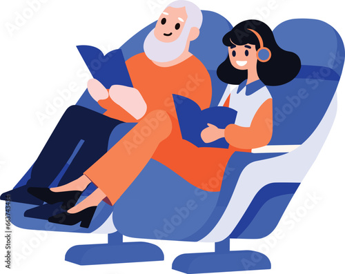 Hand Drawn Elderly couple sitting on a plane to travel in flat style