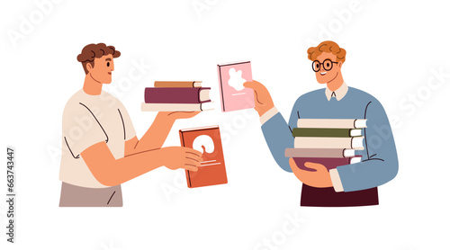 Book crossing, swap concept. Friends exchanging literature, sharing, recommending fiction for reading. Men readers students and bookcrossing. Flat vector illustration isolated on white background