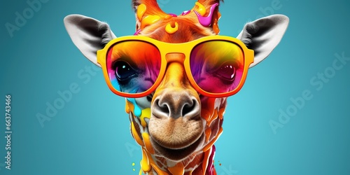 Cartoon colorful giraffe with sunglasses on isolated background.