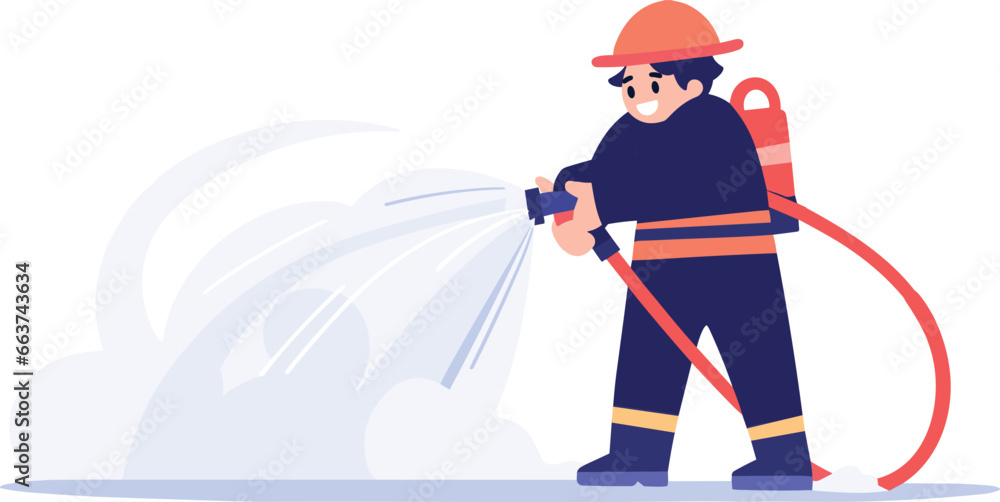 Hand Drawn Firefighter character extinguishing fire in flat style