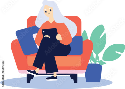 Hand Drawn Elderly woman sitting on the sofa using a smartphone in flat style