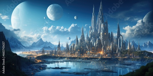 Create an illustration of a futuristic city on another planet