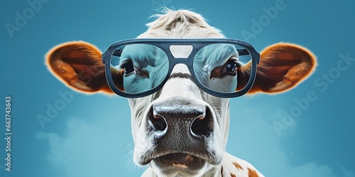 Cow wearing sunglasses in front of a blue background, surreal animal portrait