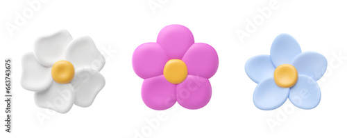 Plasticine flowers. 3d vector illustration. Simple floral volumetric craft. Purple, blue and white bud render. Bloom in clay material. Creative spring and summer garden element photo