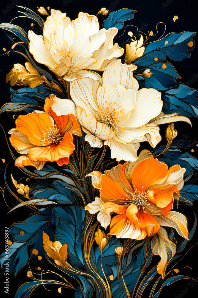 Image of orange and white flowers on black background.
