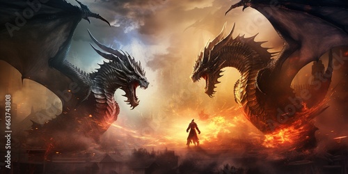 Draw a fantasy battle of dragons in the sky, breathing fire and smoke