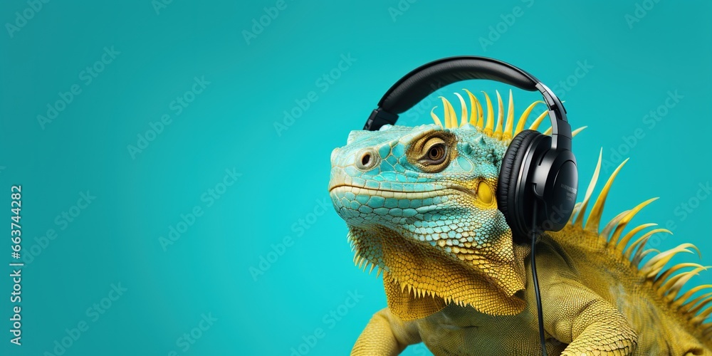 Iguana in headphones on a turquoise background. Banner, place for text.