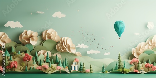 Green world paper cute style with Copy space, Earth day banner and World Environment day concept. photo