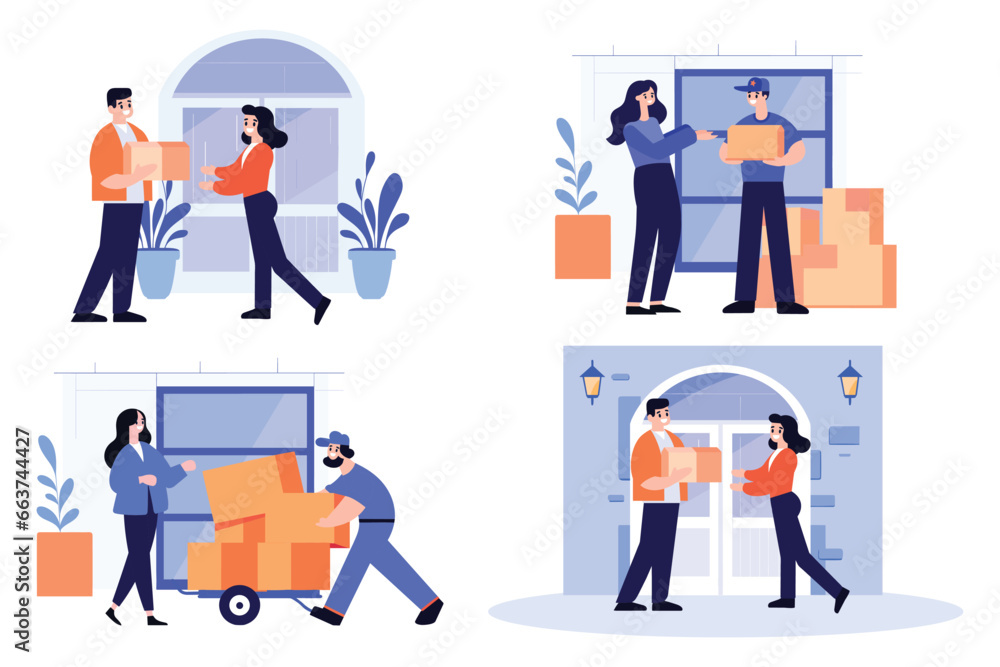 Hand Drawn a delivery man is delivering a package to a customer in flat style Hand Drawn a delivery man is delivering a package to a customer in flat style