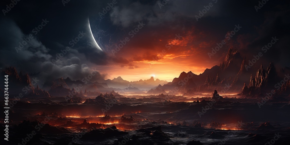 Landscape of an alien planet, view of another planet surface, science fiction background. Landscape of an alien planet, view of another planet surface, science fiction background.