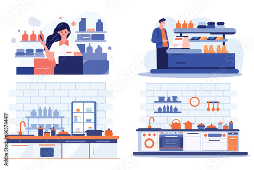 Hand Drawn Kitchen and shop in flat style