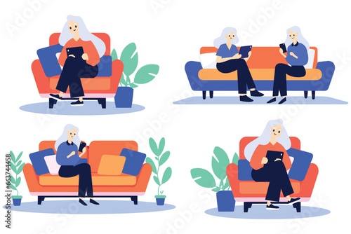 Hand Drawn Elderly woman sitting on the sofa using a smartphone in flat style