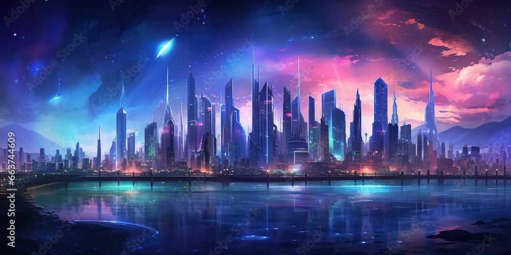 Neon night city of the future. Night panorama of the city, neon light, lights of a large metropolis, high - rise buildings