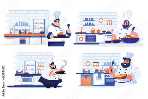 Hand Drawn Chef is cooking in the kitchen in flat style