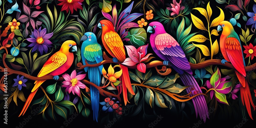Seamless pattern background influenced by the organic forms and vibrant colors of tropical rainforests with colourful birds and flowers Seamless pattern background influenced by the organic forms and vibrant colors of tropical rainforests with colourful birds and flowers