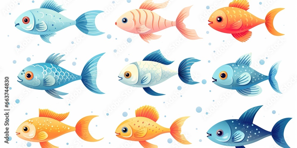Set of cute fishes Sticker, fish Clipart on isolated background