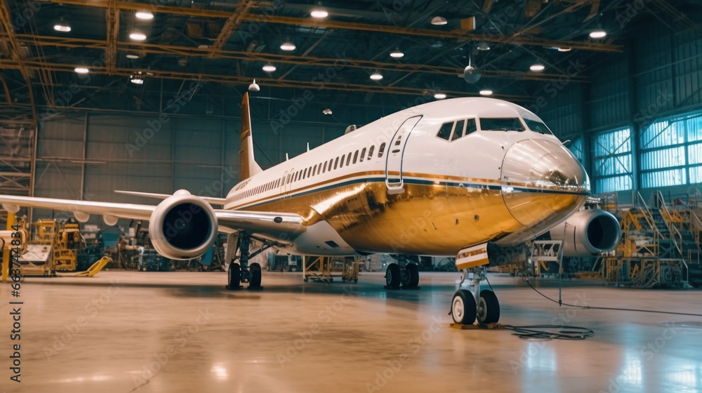 a Passenger plane aircraft on maintenance of engine and fuselage repair in airport hangar. a Passenger plane aircraft on maintenance of engine and fuselage repair in airport hangar.