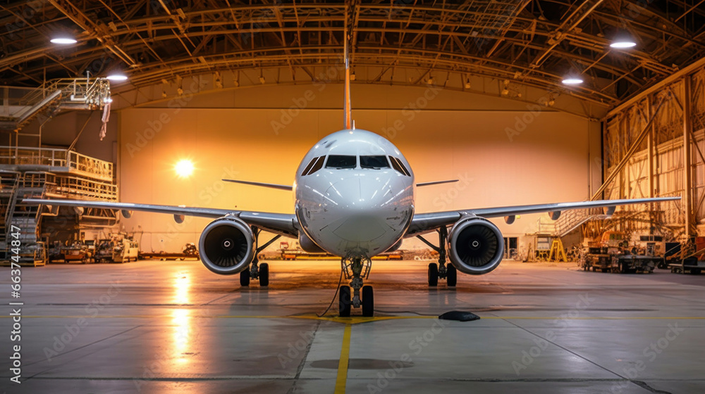 a Passenger plane aircraft on maintenance of engine and fuselage repair in airport hangar. - obrazy, fototapety, plakaty 