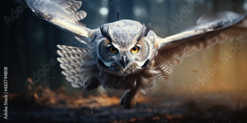 Round eyes and a curved beak, an owl is about to fly in the sky. It has a focused and angry expression on its face, as it searches for its prey. It spreads its wings wide shows its power
