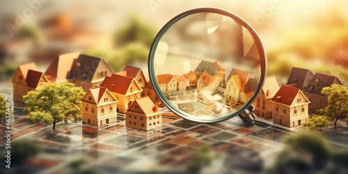 Searching new house for purchase. Rental housing market. Magnifying glass near residential building
