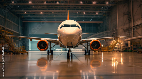 a Passenger plane aircraft on maintenance of engine and fuselage repair in airport hangar.